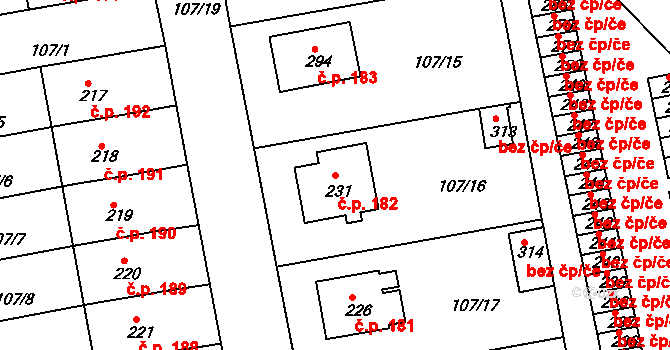 Holohlavy 182 na parcele st. 231 v KÚ Holohlavy, Katastrální mapa