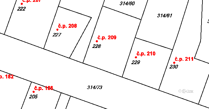Lovčice 209 na parcele st. 228 v KÚ Lovčice u Nového Bydžova, Katastrální mapa