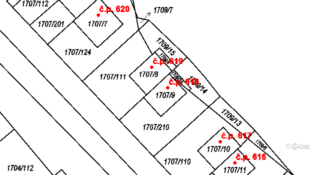 Miřetice u Klášterce nad Ohří 618, Klášterec nad Ohří na parcele st. 1707/9 v KÚ Miřetice u Klášterce nad Ohří, Katastrální mapa