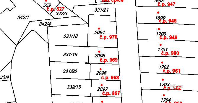 Pacov 969 na parcele st. 2095 v KÚ Pacov, Katastrální mapa