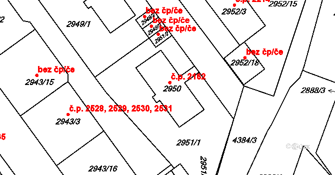 Teplice 2162 na parcele st. 2950 v KÚ Teplice, Katastrální mapa