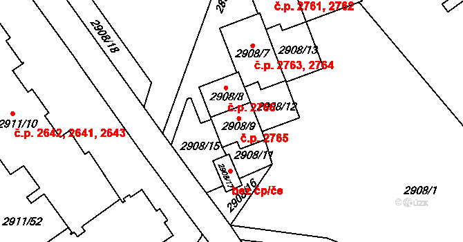 Teplice 2765 na parcele st. 2908/9 v KÚ Teplice, Katastrální mapa