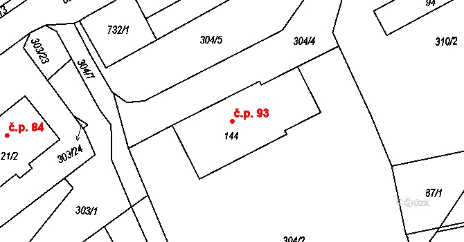 Rodvínov 93 na parcele st. 144 v KÚ Rodvínov, Katastrální mapa