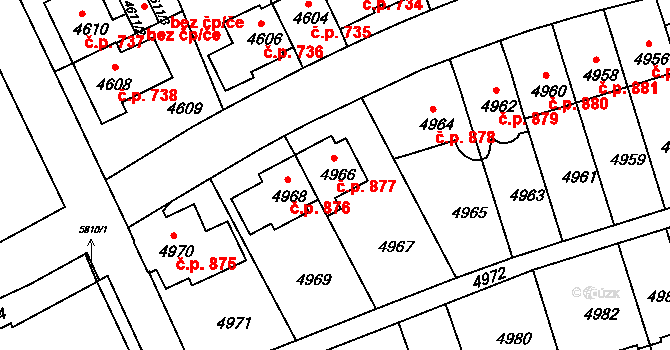 Záběhlice 877, Praha na parcele st. 4966 v KÚ Záběhlice, Katastrální mapa