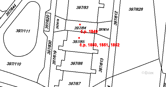Chodov 1850,1851,1852, Praha na parcele st. 397/85 v KÚ Chodov, Katastrální mapa