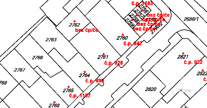 Chomutov 928 na parcele st. 2761 v KÚ Chomutov I, Katastrální mapa