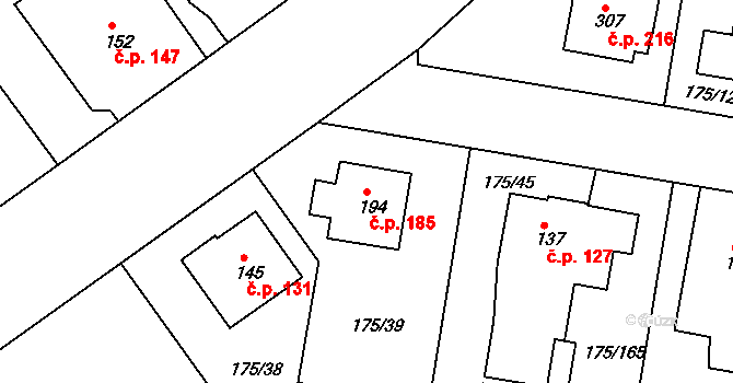 Věkoše 185, Hradec Králové na parcele st. 194 v KÚ Věkoše, Katastrální mapa