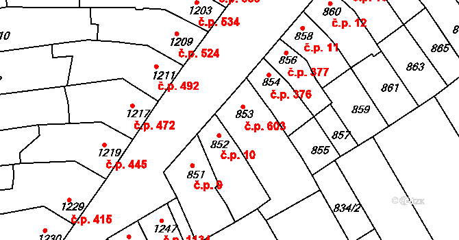 Šlapanice 603 na parcele st. 853 v KÚ Šlapanice u Brna, Katastrální mapa