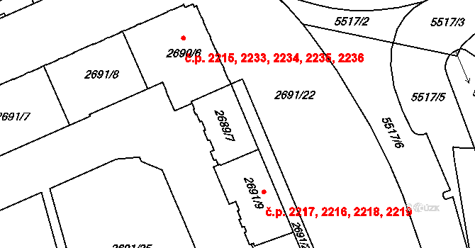 Východní Předměstí 2216,2217,2218,2219, Plzeň na parcele st. 2691/9 v KÚ Plzeň, Katastrální mapa