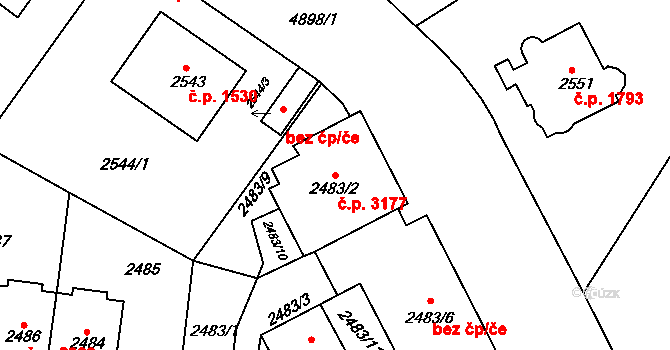 Smíchov 3177, Praha na parcele st. 2483/2 v KÚ Smíchov, Katastrální mapa