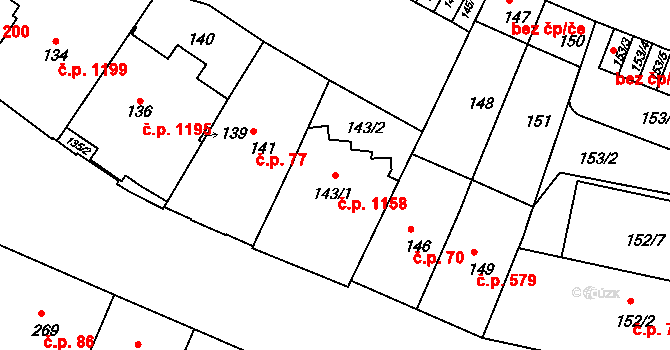 Podolí 1158, Praha na parcele st. 143/1 v KÚ Podolí, Katastrální mapa