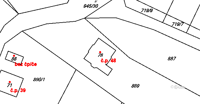 Lhota u Lysic 48 na parcele st. 78 v KÚ Lhota u Lysic, Katastrální mapa