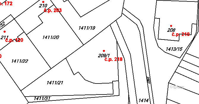 Předín 218 na parcele st. 209/1 v KÚ Předín, Katastrální mapa