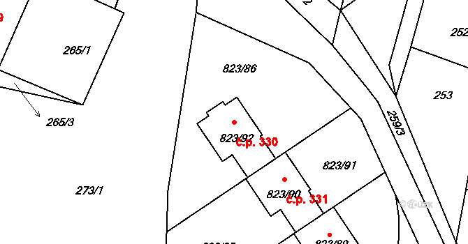 Lípa 330 na parcele st. 823/92 v KÚ Lípa nad Dřevnicí, Katastrální mapa
