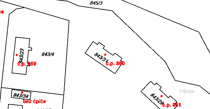 Radvanice 860, Ostrava na parcele st. 843/31 v KÚ Radvanice, Katastrální mapa
