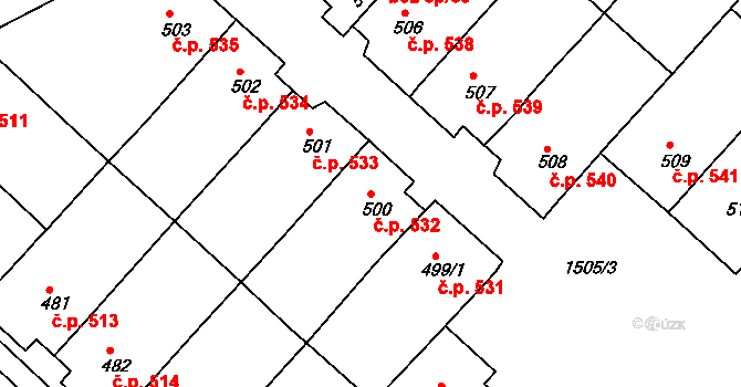 Ostrožské Předměstí 532, Uherský Ostroh na parcele st. 500 v KÚ Ostrožské Předměstí, Katastrální mapa