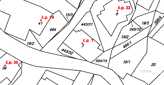 Oldřiš 1, Krouna na parcele st. 7 v KÚ Oldřiš u Hlinska, Katastrální mapa
