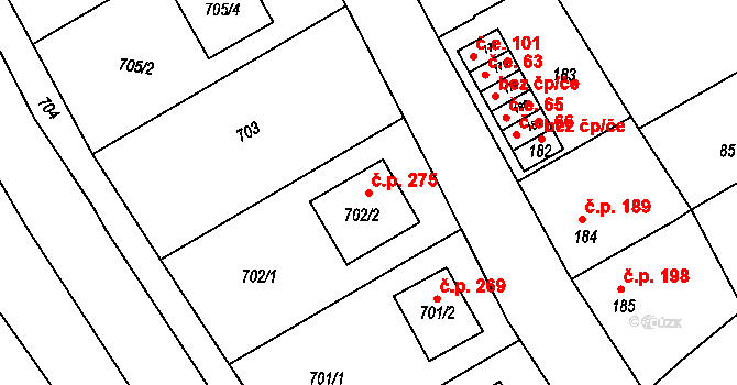 Lovčičky 275 na parcele st. 702/2 v KÚ Lovčičky, Katastrální mapa