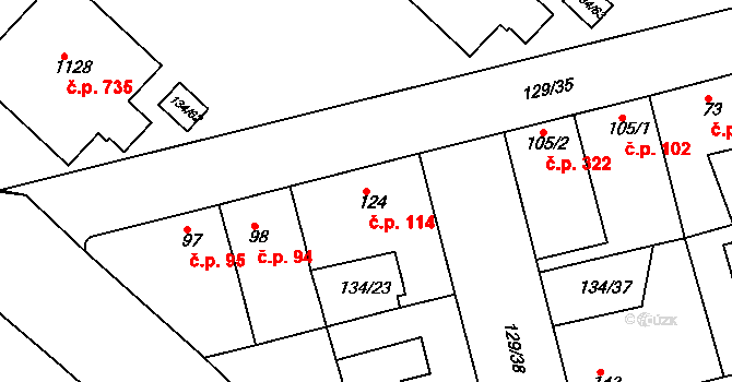 Lobeček 114, Kralupy nad Vltavou na parcele st. 124 v KÚ Lobeček, Katastrální mapa