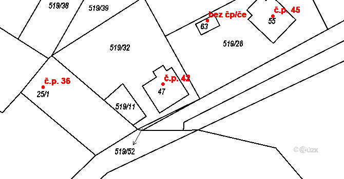Chmelná 42, Sušice na parcele st. 47 v KÚ Velká Chmelná, Katastrální mapa
