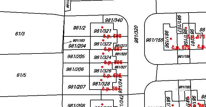 Písnice 596, Praha 6 na parcele st. 981/324 v KÚ Písnice, Katastrální mapa