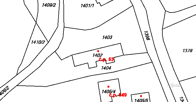 Vikýřovice 53 na parcele st. 1402 v KÚ Vikýřovice, Katastrální mapa