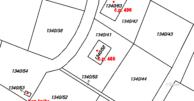 Bukovice 485, Jeseník na parcele st. 1340/58 v KÚ Bukovice u Jeseníka, Katastrální mapa