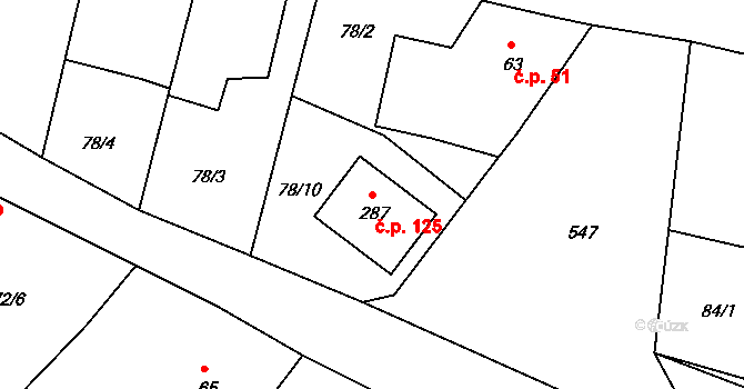 Zárybničná Lhota 125, Tábor na parcele st. 287 v KÚ Zárybničná Lhota, Katastrální mapa