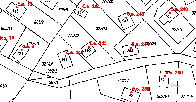 Klokočovská Lhotka 243, Klokočov na parcele st. 145 v KÚ Klokočov, Katastrální mapa