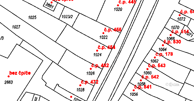Koryčany 454 na parcele st. 1024 v KÚ Koryčany, Katastrální mapa