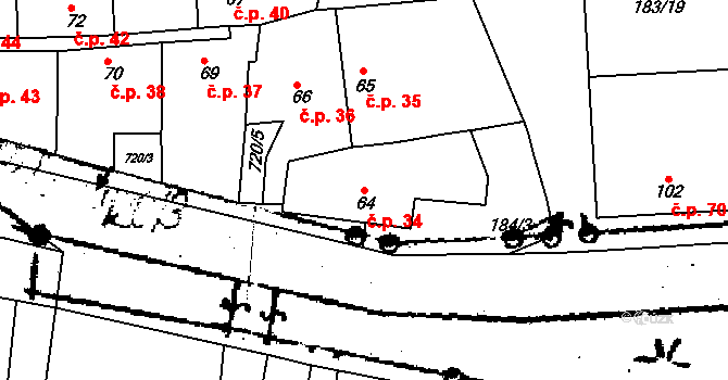 Soběsuky 34, Plumlov na parcele st. 64 v KÚ Soběsuky u Plumlova, Katastrální mapa