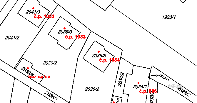 Miroslav 1034 na parcele st. 2036/3 v KÚ Miroslav, Katastrální mapa