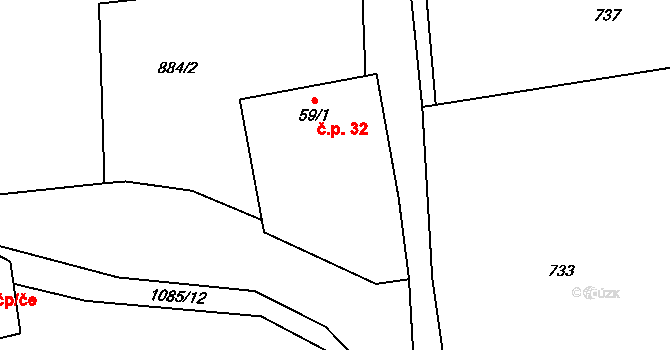 Čeřenice 32, Sázava na parcele st. 59/1 v KÚ Čeřenice, Katastrální mapa
