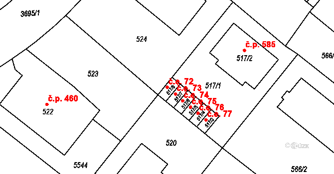 Vyškov-Předměstí 72, Vyškov na parcele st. 517/8 v KÚ Vyškov, Katastrální mapa