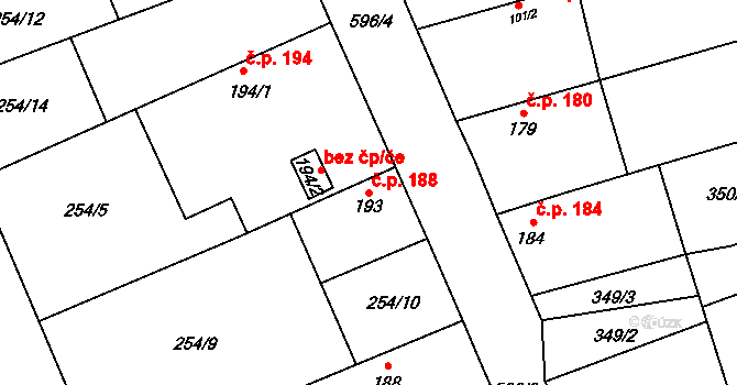 Veltruby 188 na parcele st. 193 v KÚ Veltruby, Katastrální mapa