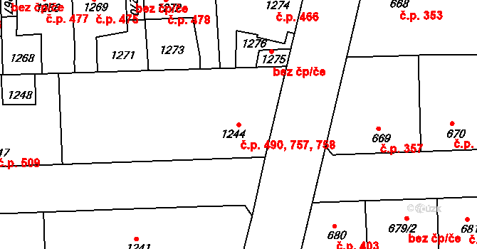 Švermov 490,757,758, Kladno na parcele st. 1244 v KÚ Motyčín, Katastrální mapa