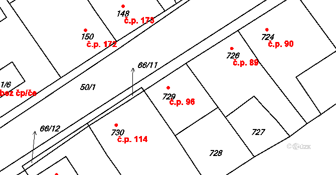 Loděnice 96 na parcele st. 729 v KÚ Loděnice u Berouna, Katastrální mapa