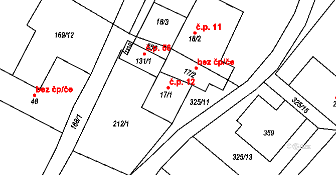 Rakousy 12 na parcele st. 17/1 v KÚ Rakousy, Katastrální mapa