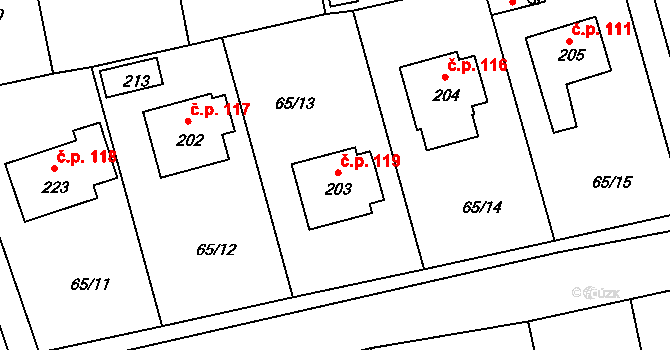 Sluštice 119 na parcele st. 203 v KÚ Sluštice, Katastrální mapa