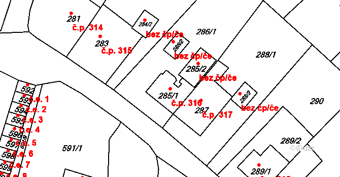 Miřetice u Klášterce nad Ohří 316, Klášterec nad Ohří na parcele st. 285/1 v KÚ Miřetice u Klášterce nad Ohří, Katastrální mapa