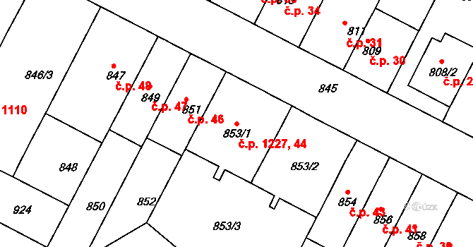 Černá Pole 44,1227, Brno na parcele st. 853/1 v KÚ Černá Pole, Katastrální mapa