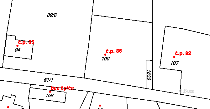 Okrouhlé Hradiště 86, Konstantinovy Lázně na parcele st. 100 v KÚ Okrouhlé Hradiště, Katastrální mapa