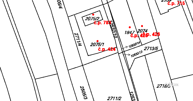 Nový Hrozenkov 424 na parcele st. 2075/1 v KÚ Nový Hrozenkov, Katastrální mapa