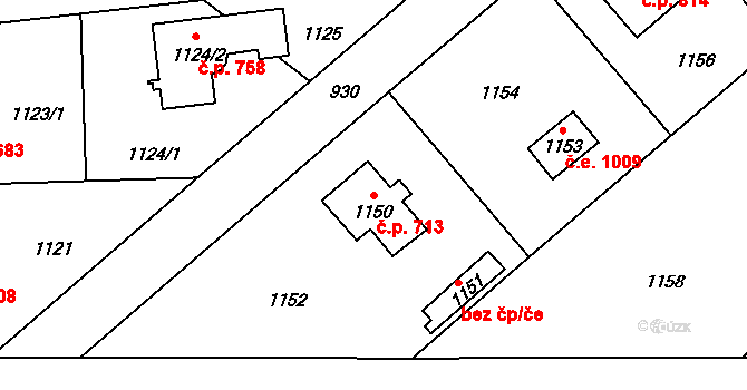 Šeberov 713, Praha na parcele st. 1150 v KÚ Šeberov, Katastrální mapa