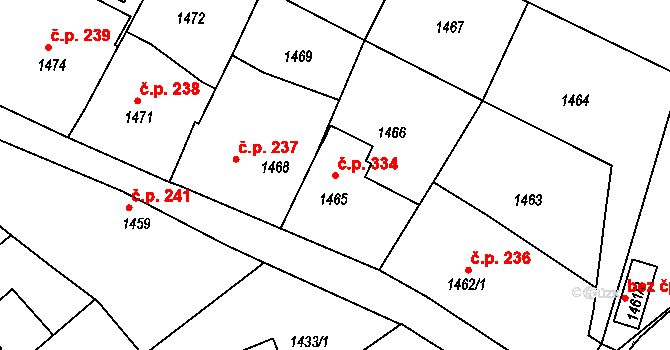 Sedlčany 334 na parcele st. 1465 v KÚ Sedlčany, Katastrální mapa