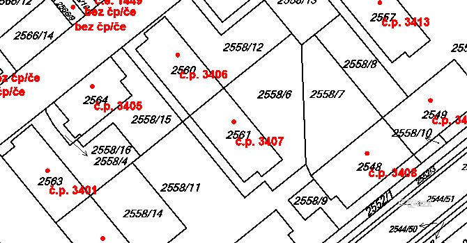 Chomutov 3407 na parcele st. 2561 v KÚ Chomutov II, Katastrální mapa