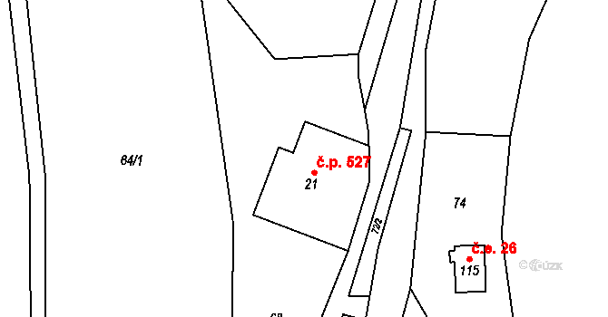 Rudník 527 na parcele st. 21 v KÚ Bolkov, Katastrální mapa