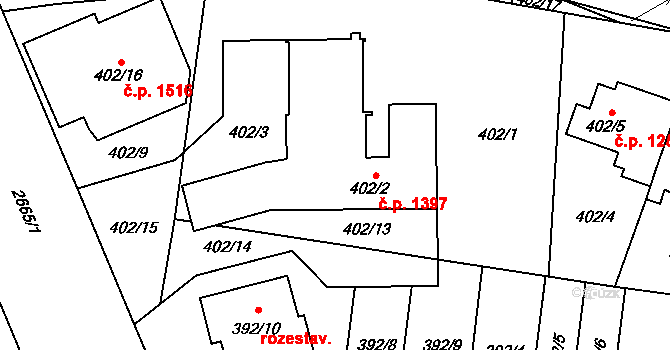 Hostivař 1397, Praha na parcele st. 402/2 v KÚ Hostivař, Katastrální mapa