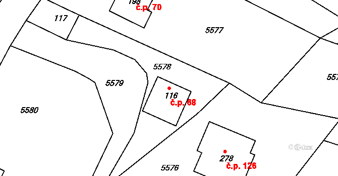 Velká Morava 68, Dolní Morava na parcele st. 116 v KÚ Velká Morava, Katastrální mapa
