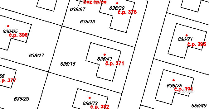 Červený Hrádek 371, Plzeň na parcele st. 636/41 v KÚ Červený Hrádek u Plzně, Katastrální mapa